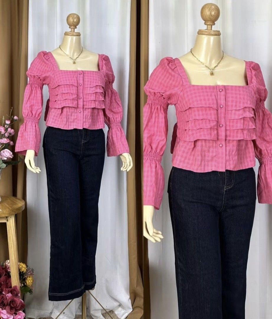Pink Gingham Square Neck Ruffle Blouse (Category: Blouses) located in Siquijor. Submitted by thesummit26 (Listing ID 1465703094, Image 1). Description: Super cute and unique barbie pink gingham check top. .