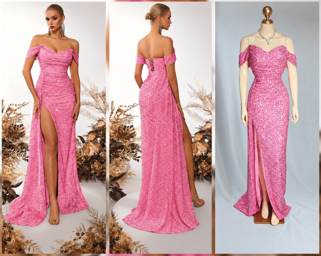 Pink Gown Small to Large (Category: Evening dresses & gowns) located in Quezon City. Submitted by ccosgen (Listing ID 1465718458, Image 1). Description: ✨ Off-shoulder sweetheart neckline ✨ Sparkling sequin embellishments ✨ Fitted mermaid silhouette ✨ High thigh slit ✨ Corset-style back ✨ Long flowing train 📌 Condition: Brandnew 💰 Price: ₱1,200 📍 Location: Tunasan, Muntinlupa 💳 Payment methods: QRPH, UnionBank, Gcash, GoTyme, Maribank & COD..