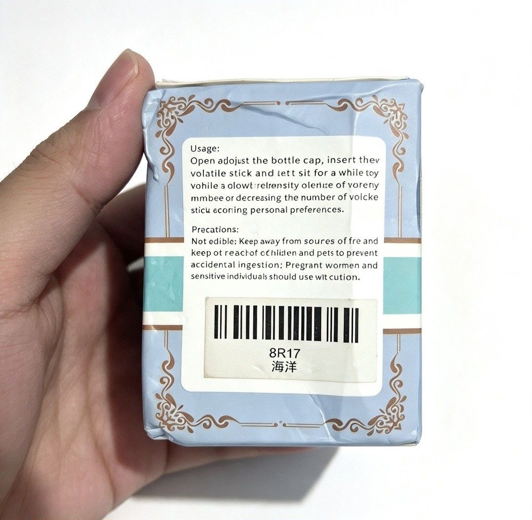 Plant Extraction Reed Diffuser Ocean Scent (Category: Home Fragrance) located in Quezon City. Submitted by ana-chan (Listing ID 1465635975, Image 2). Description: - Brand: JISHE - Variant: Ocean Scent - Capacity: 50ml - Type: Plant extraction reed diffuser - Packaging: Simple and compact - Instructions: Includes English and Chinese guide - Manufacturing Date: February 9, 2023 - Shelf Life: 3 years (Valid until 2026).
