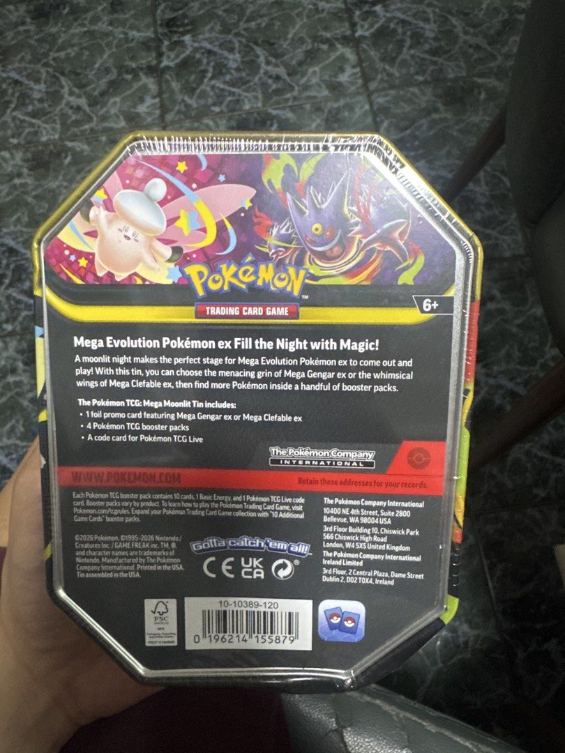 Pokémon Mega Moonlit Tin Tin English (Category: Card Boxes & Cases) located in Caloocan City. Submitted by geopopoy (Listing ID 1465630144, Image 2). Description: - 100% Brand New and Factory Sealed Mega Moonlit Tin - Features the powerful Mega Clefable ex - Includes 1 exclusive foil promo card - Comes with 4 Pokémon TCG booster packs - Includes 1 Pokémon TCG Live code card - Perfect for sealed collectors and players.