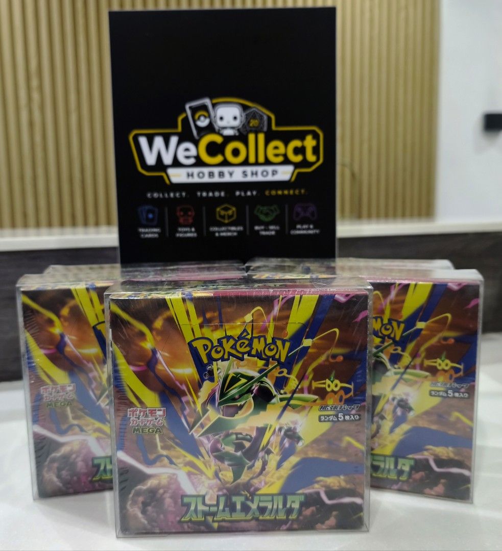 Pokémon Storm Emeralda Booster Box Japanese (Category: Card Boxes & Cases) located in Manila. Submitted by wecollect_hobbyshop (Listing ID 1465718890, Image 1). Description: Sealed Japanese Pokémon booster boxes featuring Rayquaza artwork from the Storm Emerald set. These boxes are in pristine condition, still wrapped in the original factory plastic. Each box contains multiple packs, perfect for collectors looking to add a piece of Pokémon histor