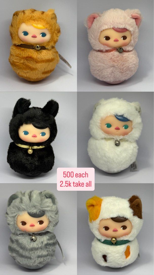 Popmart Pucky - Roly Poly Kitty (Category: Plushies & Soft Toys) located in Manila. Submitted by silverfalcon_dbc769 (Listing ID 1465730061, Image 1). Description: - 500 each item and 2.5k if take all - Complete set of 6 cute cat blind box plush figures - Includes orange tabby, pink kitty, black cat, white kitty, grey striped cat, and calico - Features fuzzy textured hoods, bell collars, and round weighted bodies - Soft materials with detailed pa