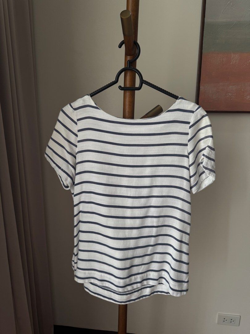 Promod Blue and White Striped Top (Category: Shirts) located in Pasig City. Submitted by kutleyn (Listing ID 1465669931, Image 1). Description: - Brand: Promod - Design: Classic navy blue and white stripes - Fit: Relaxed, comfortable short sleeves - Detail: Chic back zipper with a red pull tab - Condition: Worn a few times, freshly washed and well-kept - Styling: Great casual piece, easy to match with jeans or shorts.