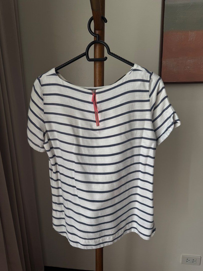 Promod Blue and White Striped Top (Category: Shirts) located in Pasig City. Submitted by kutleyn (Listing ID 1465669931, Image 3). Description: - Brand: Promod - Design: Classic navy blue and white stripes - Fit: Relaxed, comfortable short sleeves - Detail: Chic back zipper with a red pull tab - Condition: Worn a few times, freshly washed and well-kept - Styling: Great casual piece, easy to match with jeans or shorts.