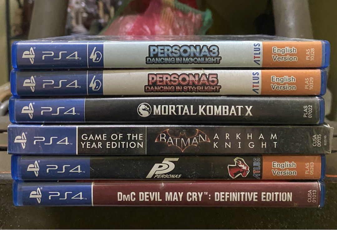 PS4 Games Bundle Persona Mortal Kombat Batman DMC (Category: PlayStation) located in Quezon City. Submitted by tarsem_singh (Listing ID 1465614192, Image 1). Description: Please read carefully For sale see prices Mortal Kombat X 600 DMC Devil May Cry Definitive Edition 600 Arkham Knight GOTY used codes 600 Persona 5 600 Persona 3 Dancing in Moonlight 1500 Persona 5 Dancing in Starlight 1500 Working. Play tested. Excellent condition. No scratches 