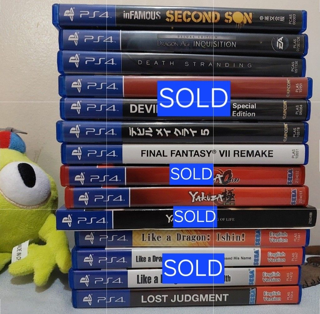 PS4 Games (Yakuza/Like A Dragon, Devil May Cry + more) (Category: PlayStation) located in Pasig City. Submitted by chzzy (Listing ID 1461963381, Image 1). Description: USED PS4 Games - In good condition 500 Infamous: Second Son Dragon Age Inquisition 600 Death Stranding Devil May Cry 5 Final Fantasy VII Remake Yakuza Kiwami Like A Dragon: Ishin! Lost Judgment Shipping via LBC, Lalamove, Grab MOP: GCash, Paymaya, Bank Transfer Pasig Area.