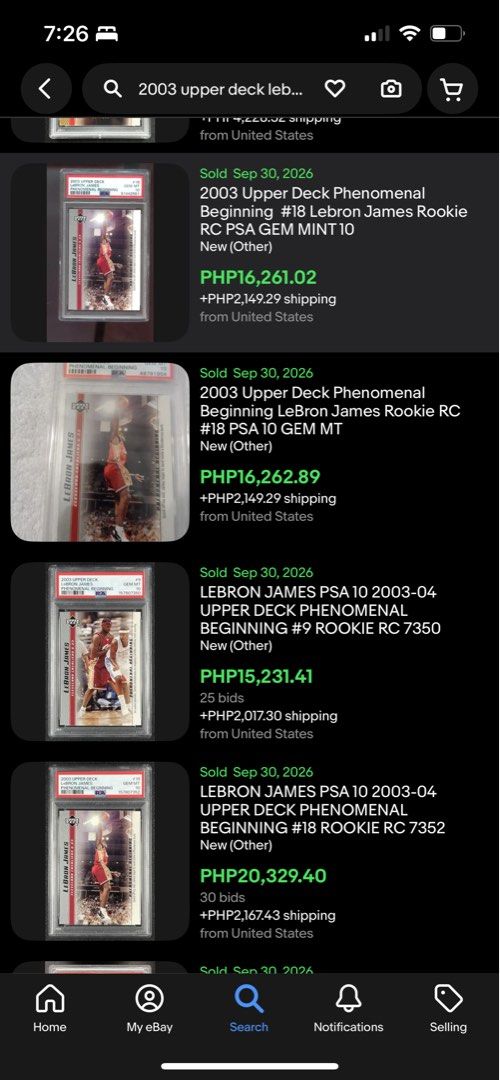 LeBron James 18 (Category: Graded Singles) located in Cagayan de Oro. Submitted by janreil12 (Listing ID 1465758518, Image 2). Description: LeBron James 2003 Upper Deck Phenomenal Beginning #18 RC — PSA 10 Gem Mint ₱14,500 negotiable PSA 10 • 2003 Upper Deck • Rookie Card CDO meetup / shipping available.