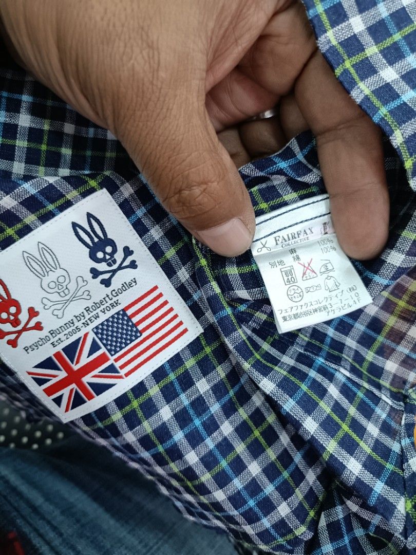 Psycho Bunny Long Sleeve Plaid Button-Down Shirt Size S (Category: Longsleeves) located in Quezon City. Submitted by jason_largo15 (Listing ID 1465651559, Image 3). Description: - Brand: Psycho Bunny by Robert Godley - Size: S (Small) - 18x27 - Material: 100% lightweight linen for ultimate comfort - Design: Dark blue plaid with white, light blue, and lime green checks - Details: Single chest pocket with iconic embroidered skull and bunny logo - C