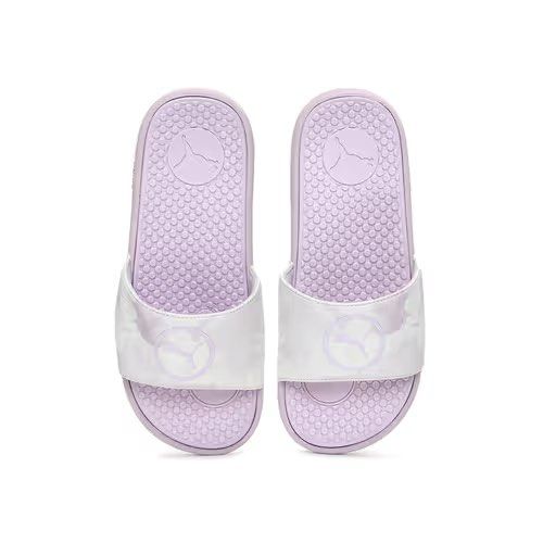 Puma Slides (Category: Flats & Sandals) located in San Pablo. Submitted by loved.goods0501 (Listing ID 1465700988, Image 1). Description: Brand: Puma Color: Light pink and purple Size: US 7 Condition: Regular wear with noticeable dirt and staining on the straps and footbeds no box, just slippers.