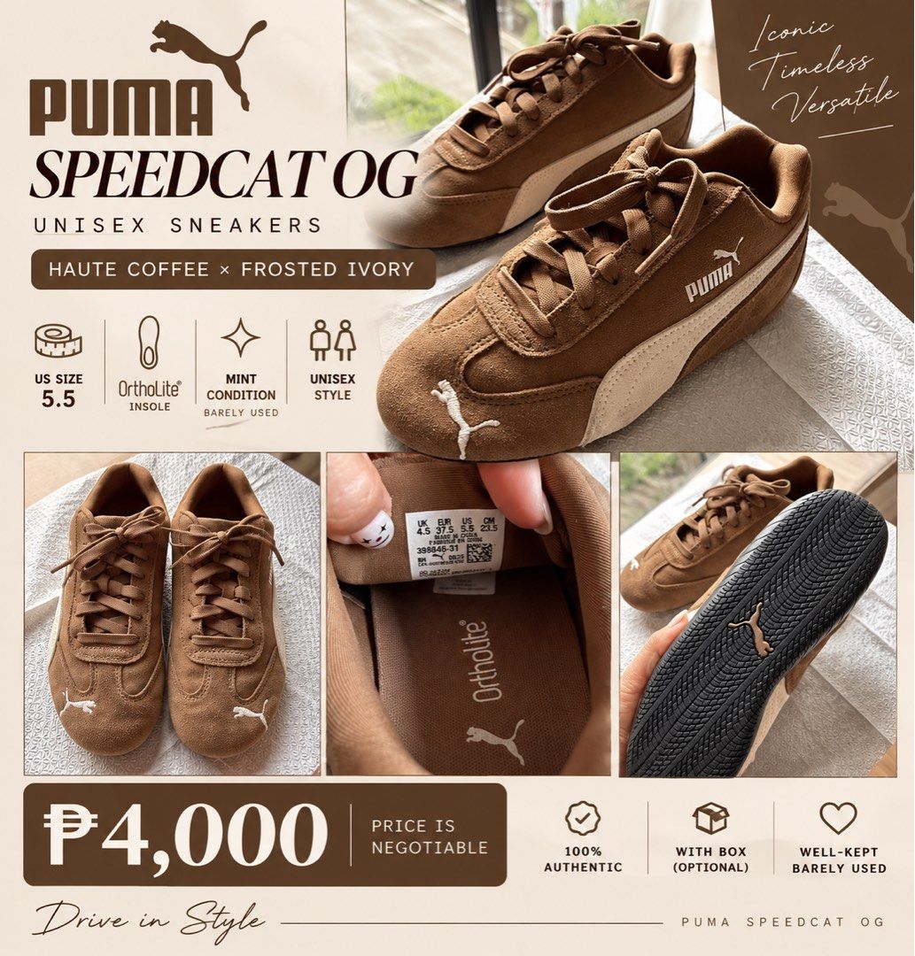 Puma Speedcat size 36 (Category: Sneakers) located in Taguig. Submitted by rmr_29 (Listing ID 1465699788, Image 1). Description: Price posted is still negotiable. Item is like new used only 3 times. .