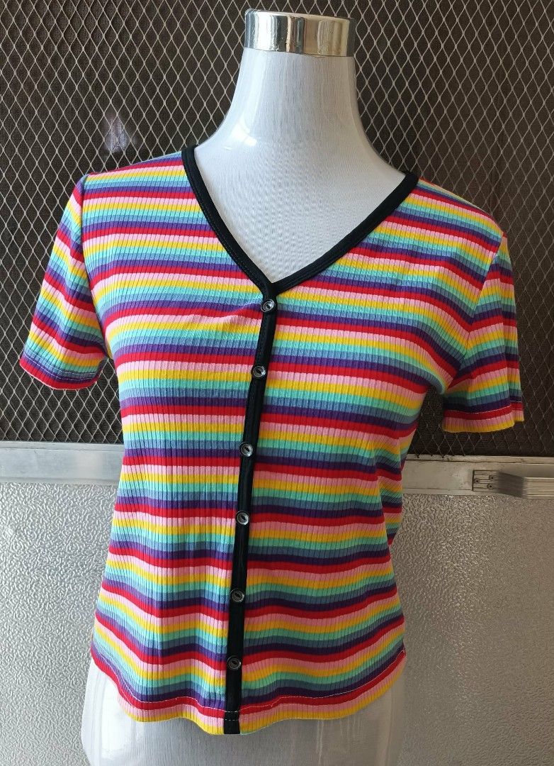 Rainbow Striped Ribbed V-Neck Top (Category: Shirts) located in Cebu City. Submitted by violacloset (Listing ID 1465650661, Image 1). Description: Measurements: length: 20 1/2 width= 17 stretchable.