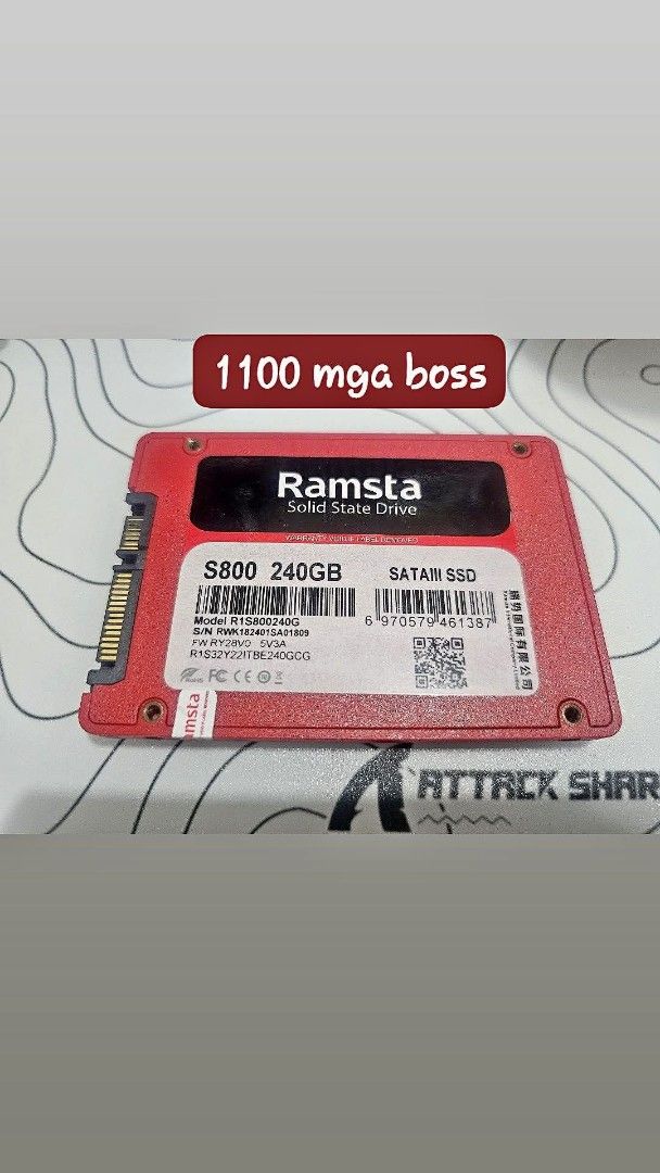 Ramsta S800 240GB SATA III SSD (Category: Hard Disks & Thumbdrives) located in Manila. Submitted by zen_francis (Listing ID 1465614078, Image 1). Description: - Brand/Model: Ramsta S800 SSD - Capacity: 240GB - Form Factor: 2.5-inch - Interface: SATA III - Color: Red casing with clear product label - Condition: Pulled from a working setup, tested and 100% working.