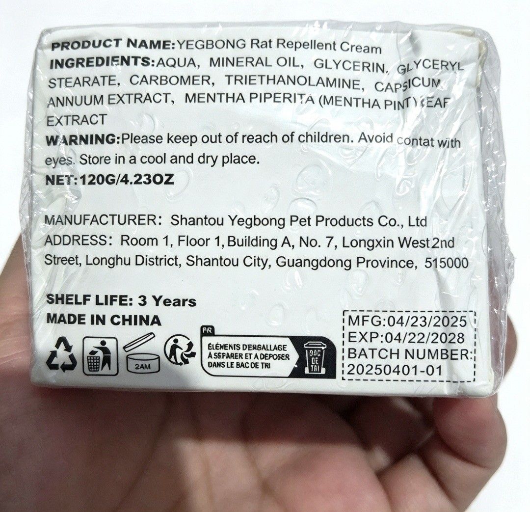 Rat Repellent Cream (Category: Pest Control) located in Quezon City. Submitted by ana-chan (Listing ID 1465676605, Image 3). Description: - Product: YEGBONG Rat Repellent Cream - Net Weight: 120g - Condition: Brand new, unopened with plastic wrap intact - Active Ingredients: Natural pepper and mint essential oils - Shelf Life: 3 years (Expiration Date: April 2028) - Manufacturer: Shantou Yegbong Pet Products - How to Use: Simply unscrew the lid a