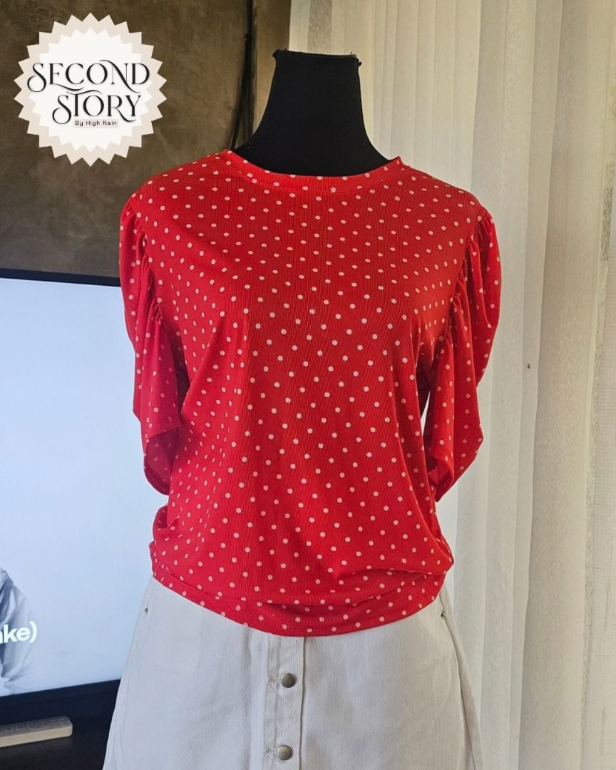 Red Polka Dot Blouse with Puff Sleeves (Category: Blouses) located in Cavite. Submitted by secondstorybyhighrain (Listing ID 1465597093, Image 2). Description: - Stretchy and super comfortable fabric B 14 L 24.