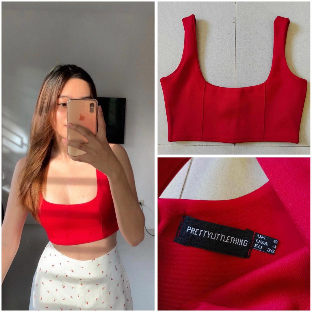 Red Square Neck Crop Top (Category: Sleeveless) located in San Jose. Submitted by ikonicaura (Listing ID 1465606116, Image 1). Description: - Brand: PrettyLittleThing - Color: Bright red - Size: UK 8 / US 4 / EU 36 - Design: Square neckline, wide straps, and stylish front panel stitching - Fabric: Thick and supportive material - Condition: Worn once for a quick photo, practically untouched/brand new.
