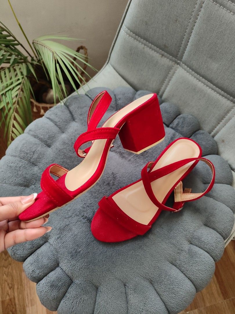 Red suede block heels (Category: Heels) located in Cavite. Submitted by itstrish23 (Listing ID 1465708339, Image 2). Description: Good as new ✨ size 5 good for long walks and office or casual No box what you see is what you get 2.5 inches heel (chunky) Marikina made, guaranteed quality seller from Cavite.