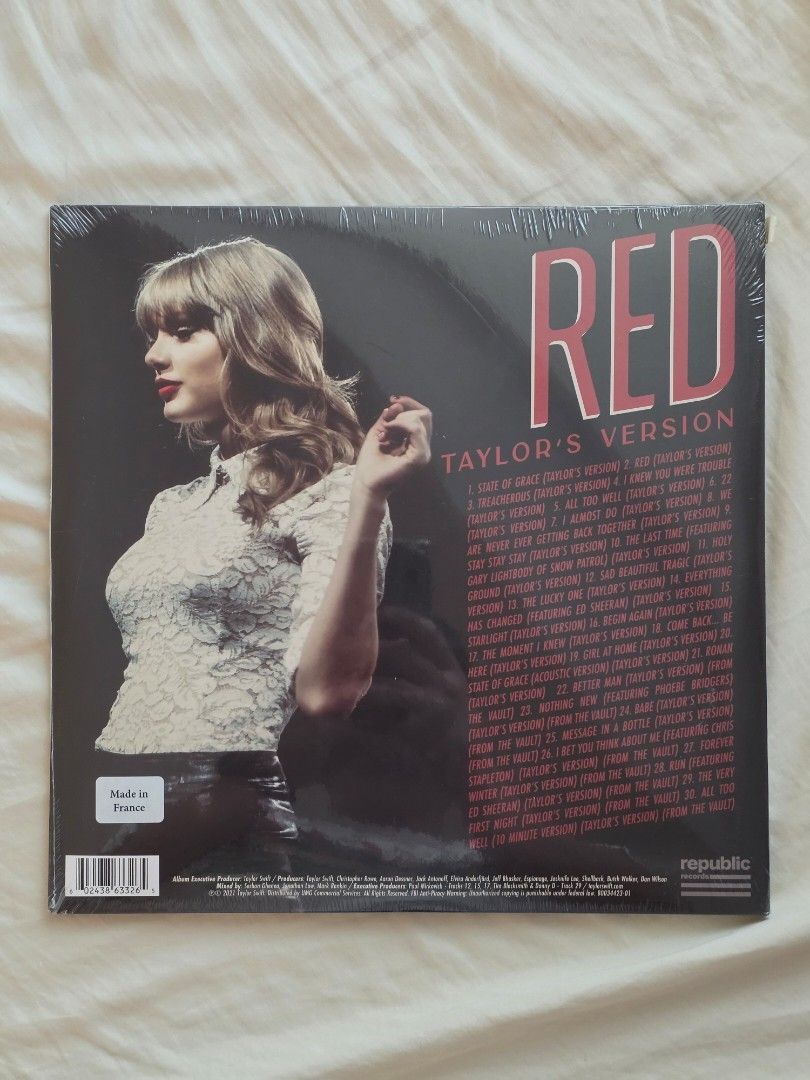 Red (Taylor's Version) Target Exclusive 4LP Red Vinyl (Category: Vinyls) located in Makati City. Submitted by armandothethird (Listing ID 1465757565, Image 3). Description: Taylor Swift - Red (Taylor's Version) Target Exclusive Limited Edition 4LP on Red Vinyl Condition: Brand New / Factory Sealed in original plastic wrap with hype sticker Label/Pressing: Republic Records, Made in France Status: Unopened collector's copy RFS: Extra copy. Only wan
