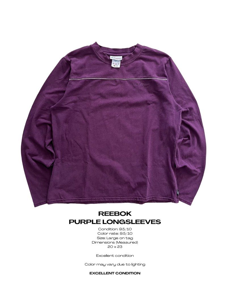 REEBOK PURPLE LONGSLEEVES (Category: Coats, Jackets and Outerwear) located in Magarao. Submitted by chalkzone20 (Listing ID 1465698878, Image 1). Description: REEBOK PURPLE LONGSLEEVES Size: Large on tag Condition: 9.5/10 Color rate: 9.5/10 Excellent condition Made in Guatemala Dimensions: 20 x 23 750+sf DISCLAIMER: We are not affiliated with, associated with, or officially connected to any of the brands posted. All registered trademarks and copy