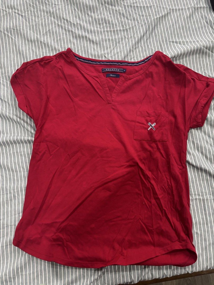 Regatta Classics Red T-shirt Size S (Category: Shirts) located in San Pablo. Submitted by loved.goods0501 (Listing ID 1465646846, Image 1). Description: Brand: Regatta Classics Color: Red Material: Soft, comfortable cotton Design: V-neck with contrast striped trim inside, rolled sleeve cuffs, curved hemline Details: Single chest pocket with small embroidered logo.
