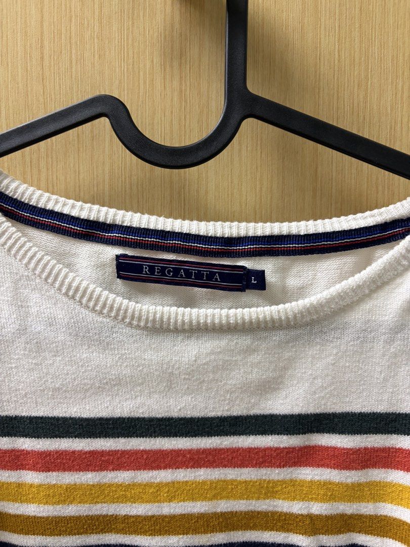 Regatta Striped Knit Sweater Size L (Category: Longsleeves) located in Makati City. Submitted by declutteringgatm (Listing ID 1465749515, Image 3). Description: - White knit sweater with dark green, red, yellow, and navy blue horizontal stripes - Features long sleeves, a classic round neckline, and a small circular patch near the bottom hem - Regular fit made from a lightweight, comfortable knit material - Size: Large - Ideal casual piece for coo