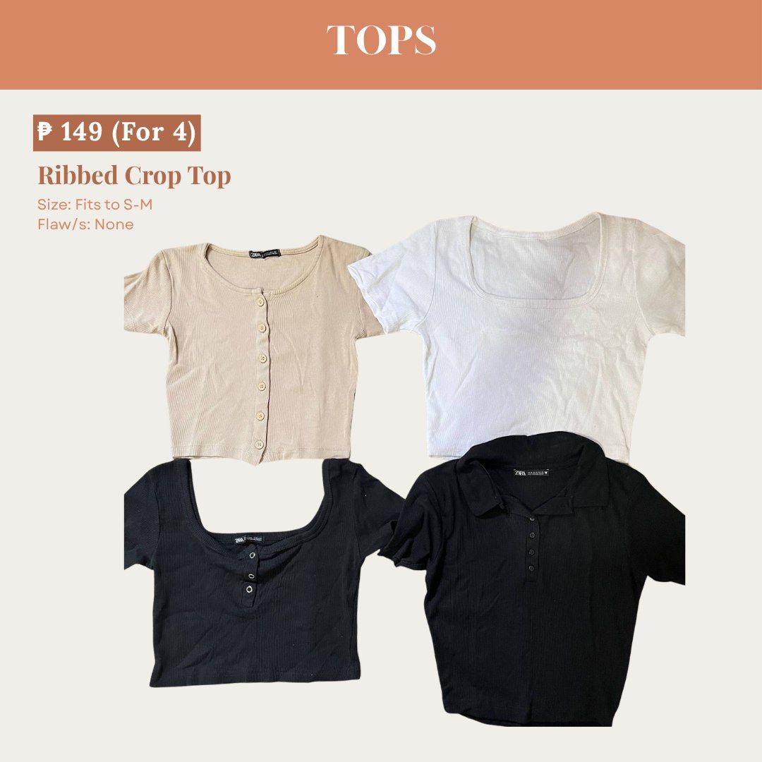 Ribbed Crop Top Bundle of 4 (Category: Shirts) located in Manila. Submitted by preloveddorangecloset (Listing ID 1465637317, Image 1). Description: - Set of 4 versatile ribbed crop tops (beige button-down, white square neck, black button-down, black collared polo) - Size: Fits Small to Medium frames - Condition: Excellent, clean with no flaws - Great basic everyday pieces for easy styling.