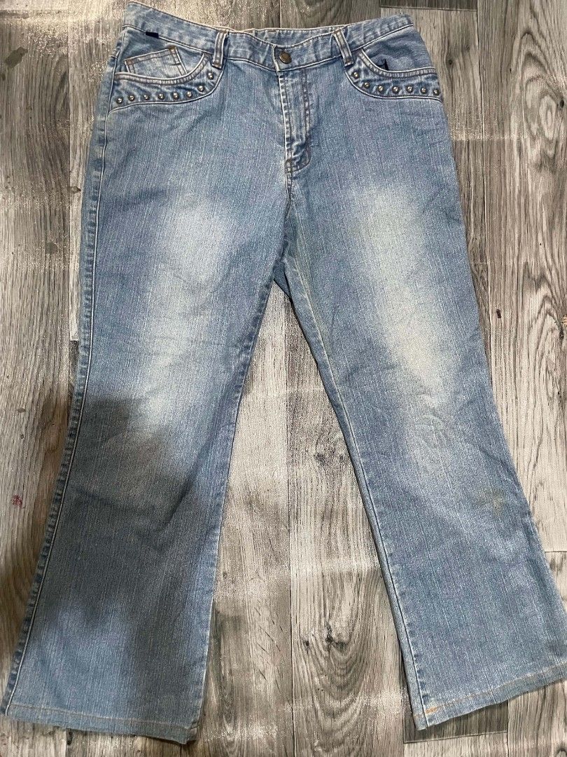 Rike Jean Studded Denim Jeans (Category: Jeans) located in Cagayan de Oro. Submitted by rhyrhyrhys (Listing ID 1465611825, Image 1). Description: - Brand: Rike Jean - Wash: Light wash - Fit: Straight leg - Details: Silver studs on front and back pockets, brown leather 'Rike Jeans Division' patch on the back waistband - Closure: Zip fly with button DIMES: L - 36.5 W - 30 HEM - 10 INSEAM - 27 F. RISE - 9.5 B. RISE - 12.5.