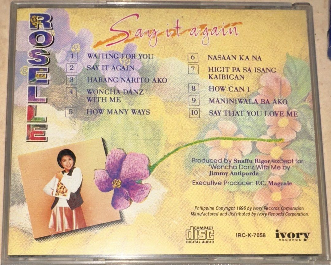 ROSELLE NAVA - SAY IT AGAIN CD (Category: CDs & DVDs) located in Manila. Submitted by musika_atbp (Listing ID 1465590013, Image 2). Description: For Sale: ROSELLE NAVA - SAY IT AGAIN CD Very Good Condition Hard To Find / No Bar Code Php 500.00 Issue: penmarks on front inlay and cd Interested buyers pm me or text me @ 09177815277 Payment thru GCASH Shipping thru J&T Express Thank you!😊.