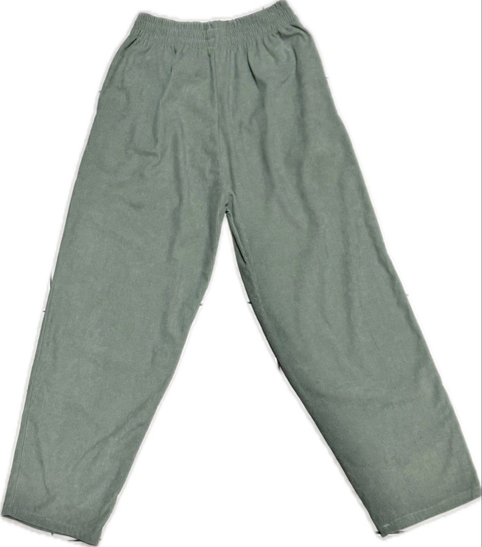 Sage Green Corduroy Pants (Category: Jeans) located in Quezon City. Submitted by ashIeigh (Listing ID 1465724184, Image 1). Description: - Color: Sage Green - Material: Soft textured corduroy - Fit: Relaxed straight leg with stretchy elastic waist.