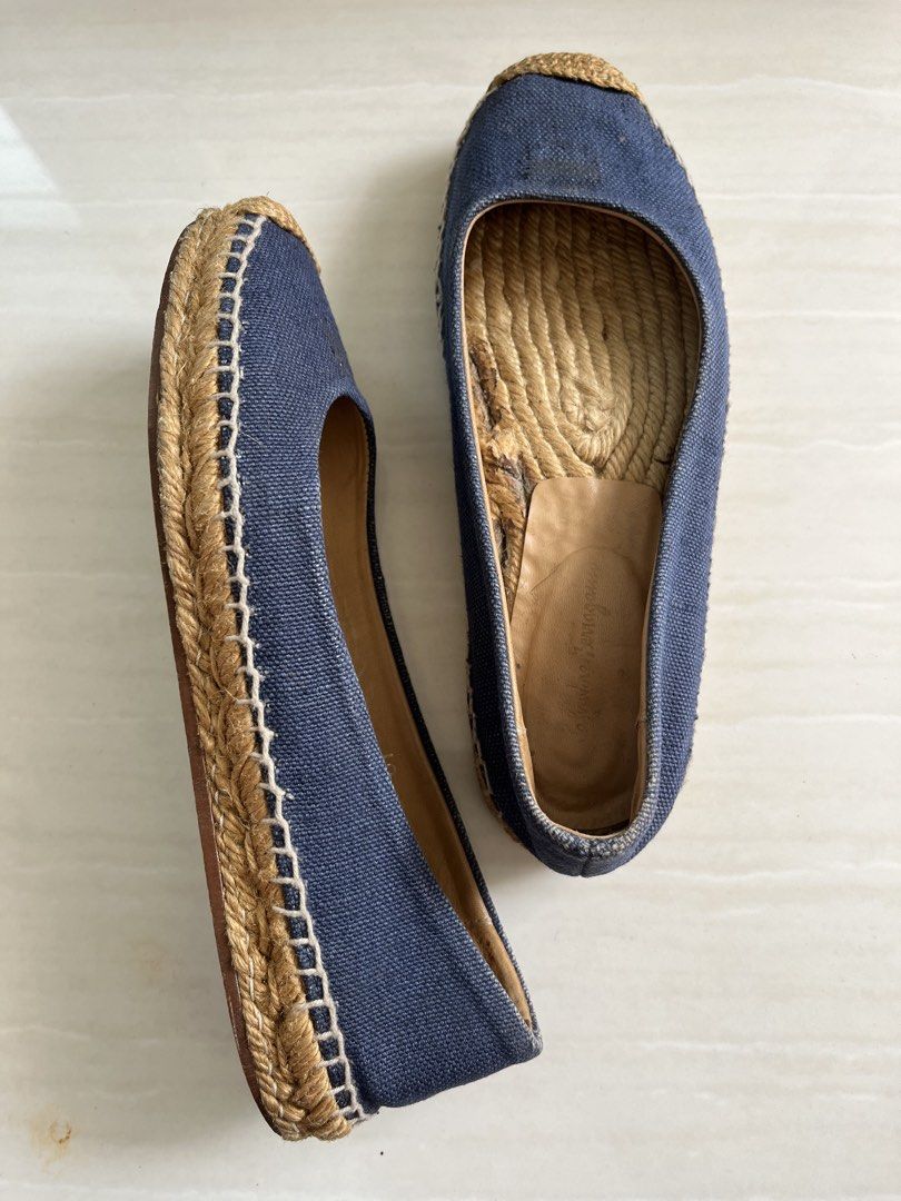 Salvatore Ferragamo Blue Denim Espadrilles (Category: Flats & Sandals) located in Muntinlupa City. Submitted by jane226ph (Listing ID 1465639985, Image 3). Description: Original Size US 7 Made in Spain Purchased in-store Condition: Wear is visible on the jute inner soles; please note that the bow detail on the upper is missing. A Gentle Note: These are privately owned pieces, used, and condition vary from that of brand new retail items. Kindly ta
