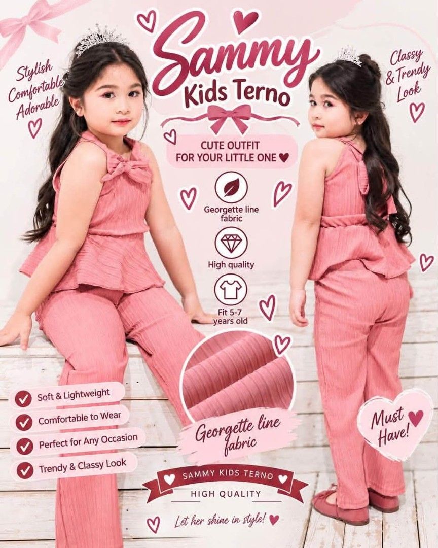 SAMMY RIBBON TOP AND PANTS TERNO (Category: Babies & Kids Fashion) located in Cainta. Submitted by agirlnamedkatkatII (Listing ID 1465600852, Image 1). Description: SAMMY RIBBON TOP AND PANTS TERNO P300.00 FREESIZE CAN FIT FROM 5-7 YEARS OLD FABRIC: GEORGETTE FABRIC NOTE: PLEASE PROVIDE 2ND AND 3RD COLOR OPTIONS.