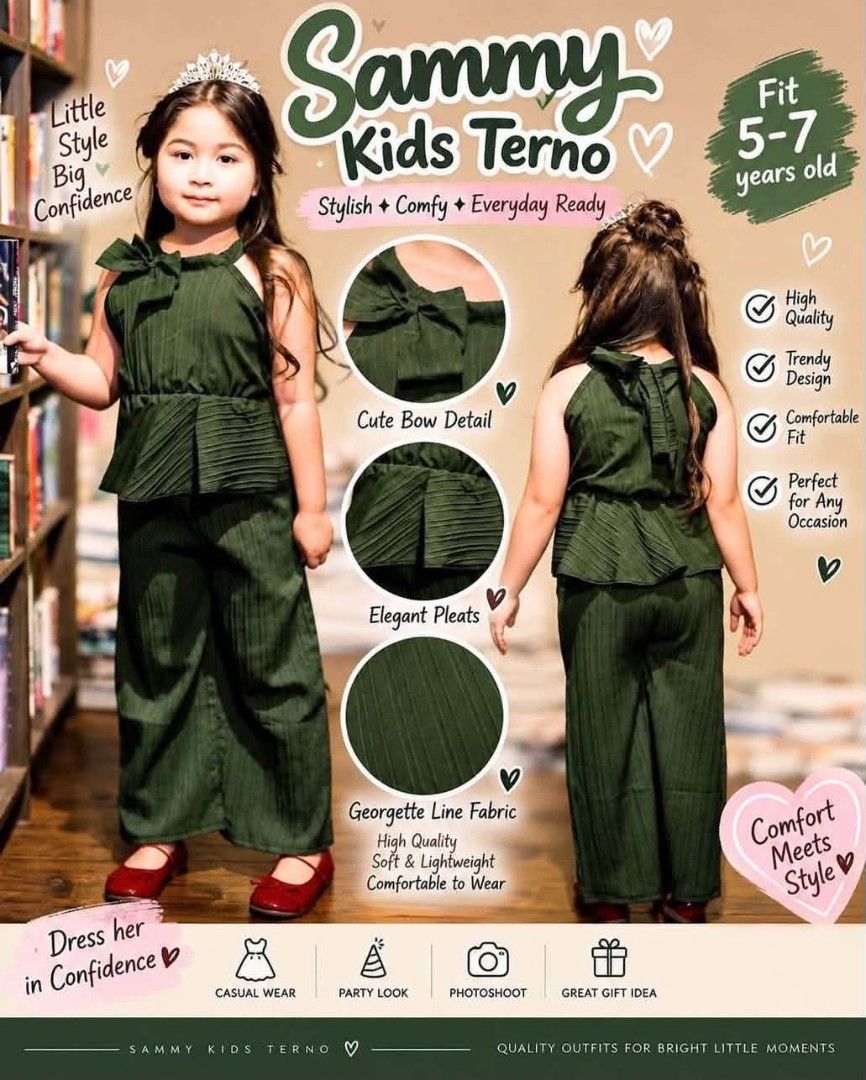 SAMMY RIBBON TOP AND PANTS TERNO (Category: Babies & Kids Fashion) located in Cainta. Submitted by agirlnamedkatkatII (Listing ID 1465600852, Image 3). Description: SAMMY RIBBON TOP AND PANTS TERNO P300.00 FREESIZE CAN FIT FROM 5-7 YEARS OLD FABRIC: GEORGETTE FABRIC NOTE: PLEASE PROVIDE 2ND AND 3RD COLOR OPTIONS.