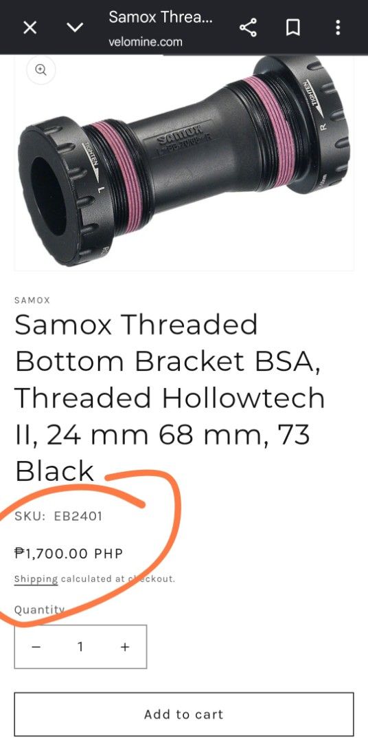 Samox BB (Category: Bicycles) located in San Fernando. Submitted by nerosales (Listing ID 1465608757, Image 2). Description: SAMOX Threaded Bottom Bracket 68/70mm Shimano Compatible 24mm Very good condition 550 pesos only SM City Pampanga Shipping: J&T Payment: Gcash NO COD / NO COP.