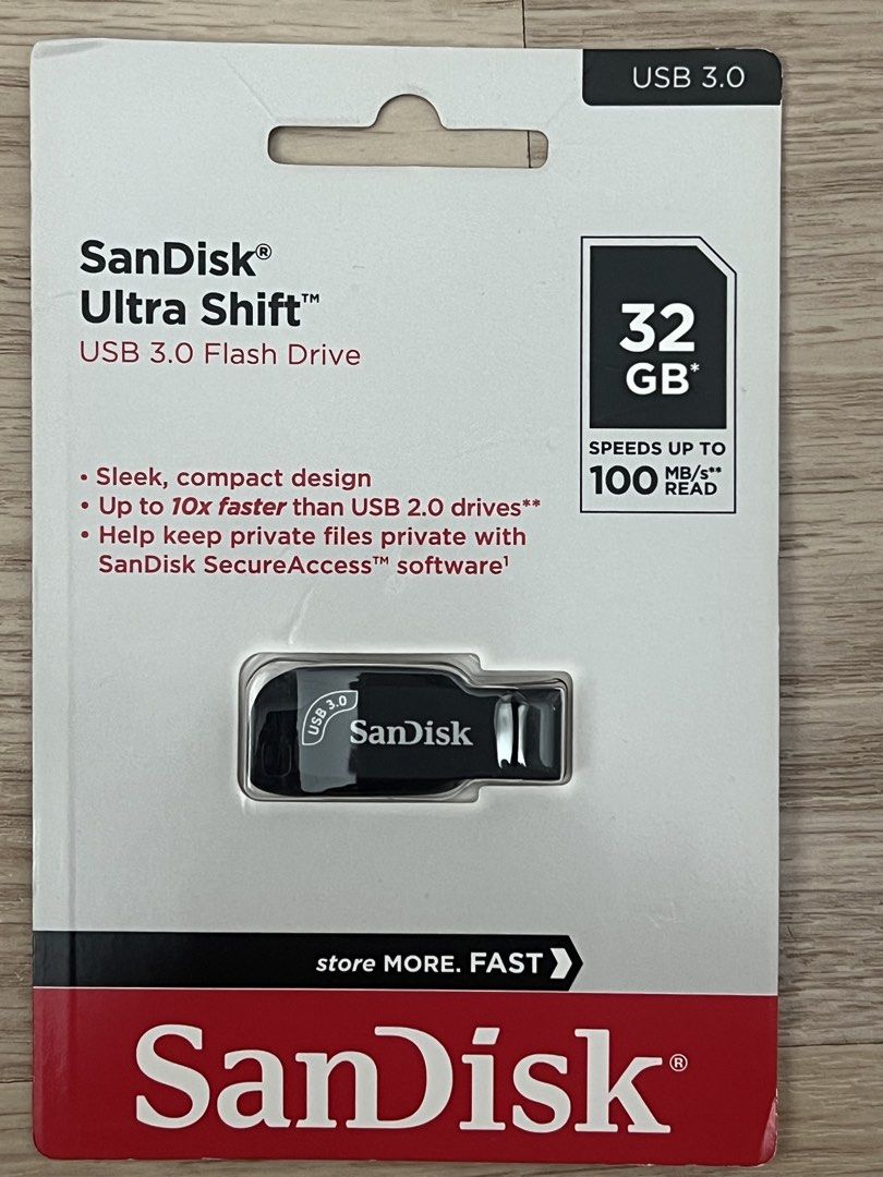 SanDisk Ultra Shift 32GB USB 3.0 Flash Drive （分類：硬碟及儲存器）位於 Hong Kong。 由 asiaesg20360274 提交（商品編號 1465638729，圖片 1）。簡介： SanDisk Ultra Shift 32GB USB 3.0 flash drive. Read speeds up to 100MB/s. Up to 10x faster than standard USB 2.0 drives. Sleek and compact design without a cap to lose. Includes software for private file protection. Still sealed in the original retail packaging.。