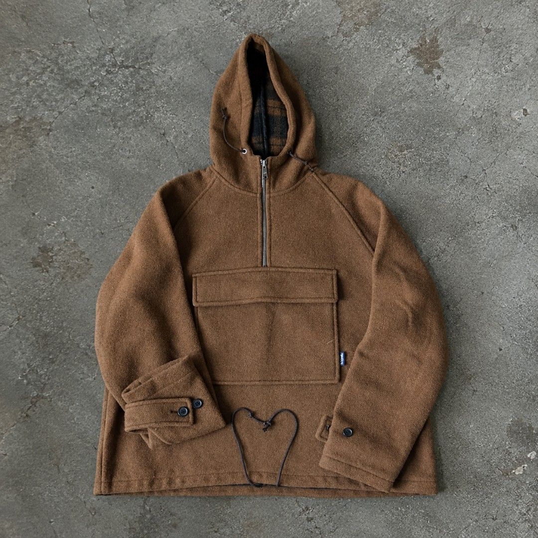 Scene Wool Blend Anorak Half-Zip Hoodie (Category: Coats, Jackets and Outerwear) located in Manila. Submitted by leonieniche (Listing ID 1465690384, Image 1). Description: - NO ISSUE - 1500 + SF - W: 23 - L: 27 - J&T LALAMOVE - 📍VICTORY AVENUE, TATALON QC - Material: 60% wool, 20% nylon, 20% alpaca - Hardware: Half zip front with YKK zippers - Features: Large front flap pocket with button detail, plaid-lined hood with adjustable drawstrings, and