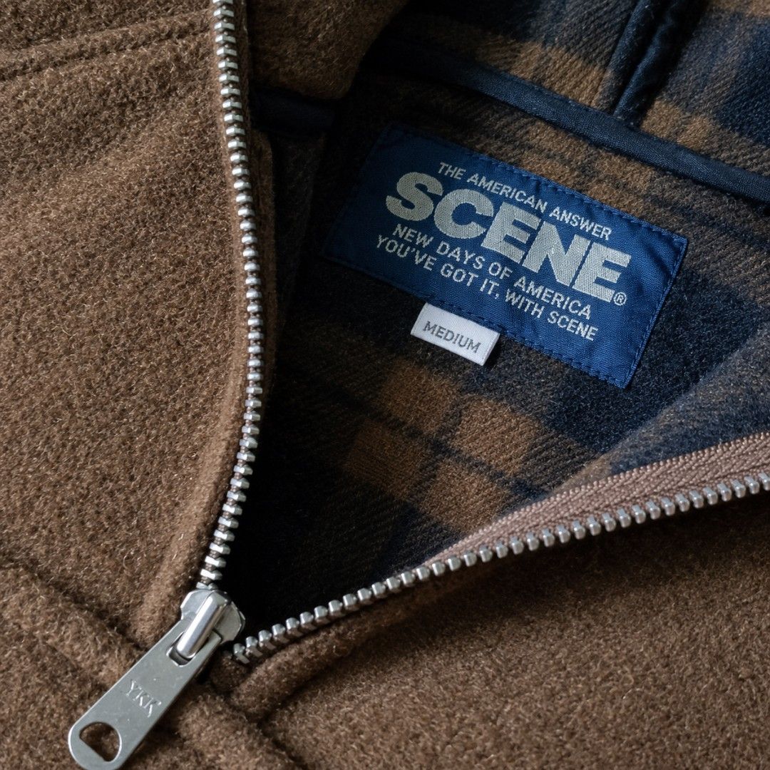 Scene Wool Blend Anorak Half-Zip Hoodie (Category: Coats, Jackets and Outerwear) located in Manila. Submitted by leonieniche (Listing ID 1465690384, Image 2). Description: - NO ISSUE - 1500 + SF - W: 23 - L: 27 - J&T LALAMOVE - 📍VICTORY AVENUE, TATALON QC - Material: 60% wool, 20% nylon, 20% alpaca - Hardware: Half zip front with YKK zippers - Features: Large front flap pocket with button detail, plaid-lined hood with adjustable drawstrings, and