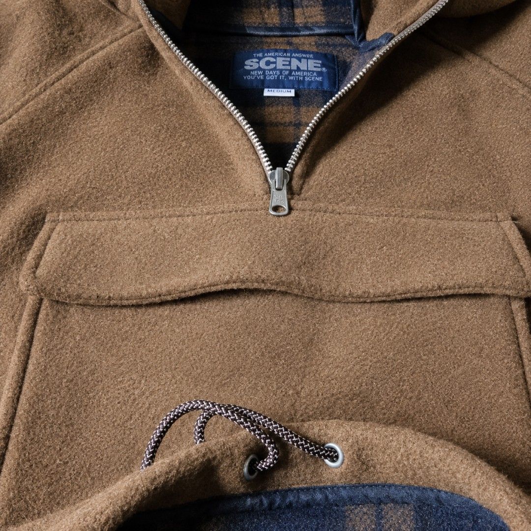 Scene Wool Blend Anorak Half-Zip Hoodie (Category: Coats, Jackets and Outerwear) located in Manila. Submitted by leonieniche (Listing ID 1465690384, Image 3). Description: - NO ISSUE - 1500 + SF - W: 23 - L: 27 - J&T LALAMOVE - 📍VICTORY AVENUE, TATALON QC - Material: 60% wool, 20% nylon, 20% alpaca - Hardware: Half zip front with YKK zippers - Features: Large front flap pocket with button detail, plaid-lined hood with adjustable drawstrings, and