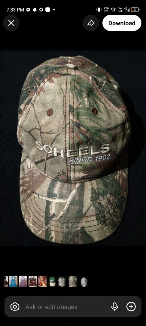 Scheels Camouflage Baseball Cap Since 1902 (Category: Caps & Hats) located in Rizal. Submitted by hawt_sawl (Listing ID 1465694194, Image 1). Description: - Brand: Scheels - Design: Woodland camo pattern with white embroidered 'Since 1902' text on the front - Fit: Structured panels, classic curved brim, and adjustable strap at the back - Style: Versatile neutral earth tones that easily match casual outfits - Condition: Great for everyday wear, ou