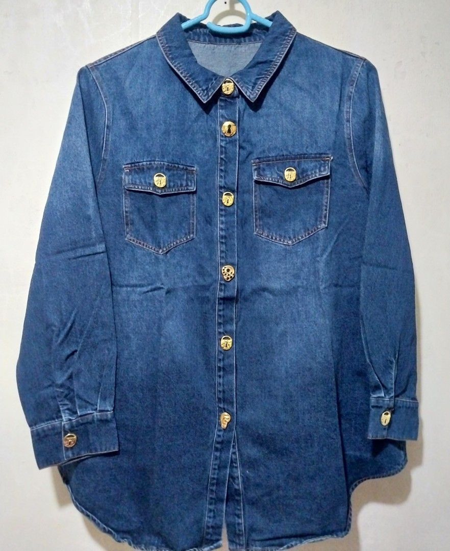 Schiaparelli gold button denim long-sleeves (Category: Longsleeves) located in Manila. Submitted by PrinceDani.Clothing (Listing ID 1465750822, Image 2). Description: schiaparelli gold button denim long-sleeves xl fit 23in width 31.5in length excellent condition .
