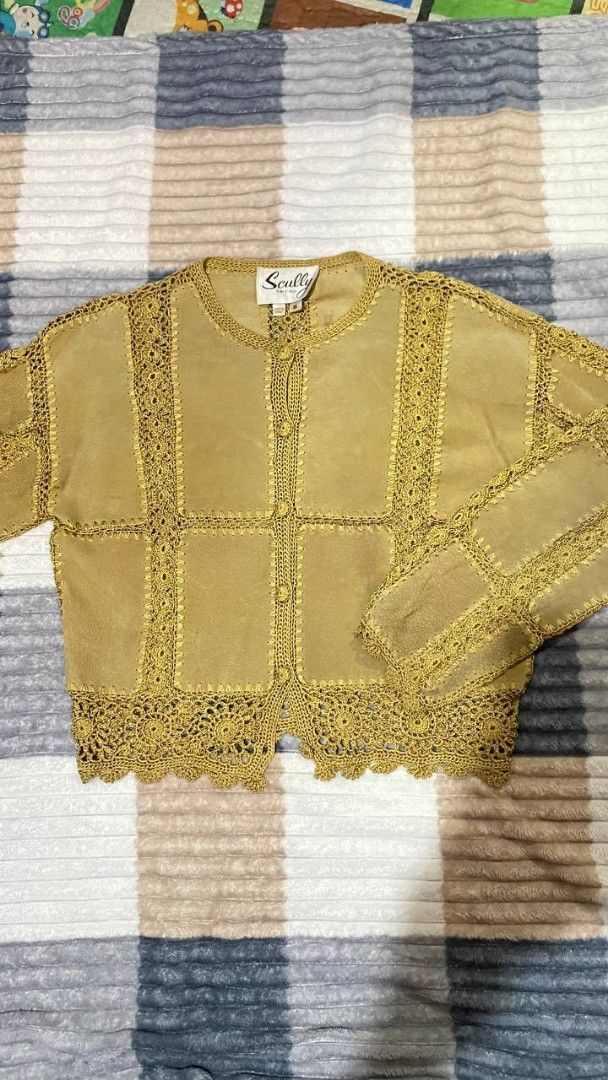 Scully Suede Crochet Patchwork Jacket (Category: Coats, Jackets and Outerwear) located in Manila. Submitted by mommyregsthriftclothes (Listing ID 1465690654, Image 3). Description: - Brand: Scully - Material: Genuine leather shell (100% polyester trim), leather clean only - Design: Tan suede patchwork with intricate brown crochet lace trim and front button closures - Origin: Made in China - Fit/Size: Approx 20-21 inches across flat Vintage pure l
