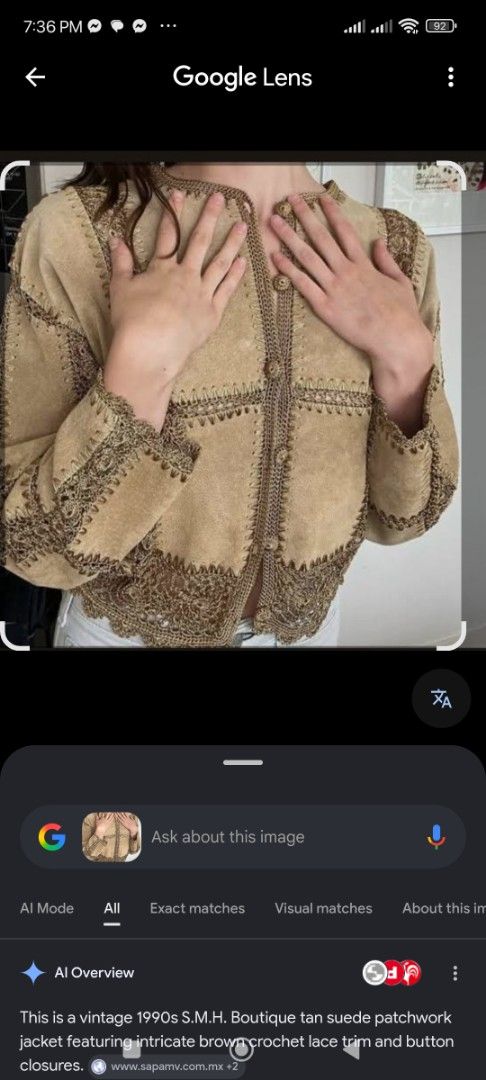 Scully Suede Crochet Patchwork Jacket (Category: Coats, Jackets and Outerwear) located in Manila. Submitted by mommyregsthriftclothes (Listing ID 1465690654, Image 2). Description: - Brand: Scully - Material: Genuine leather shell (100% polyester trim), leather clean only - Design: Tan suede patchwork with intricate brown crochet lace trim and front button closures - Origin: Made in China - Fit/Size: Approx 20-21 inches across flat Vintage pure l