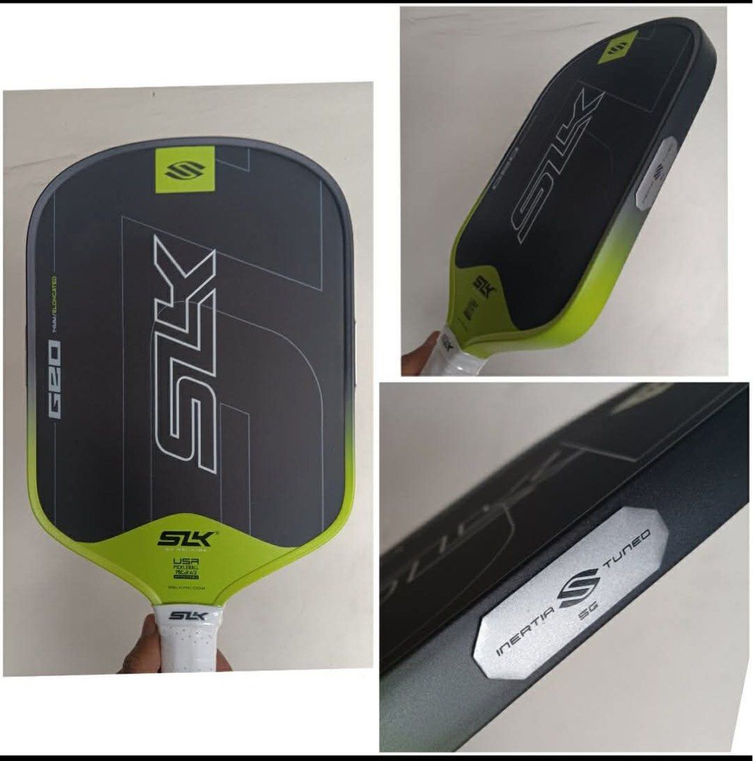 Selkirk SLK Geo Pickleball Paddle (Category: Racket and Ball Sports) located in Quezon City. Submitted by pickleballpaddle (Listing ID 1465624038, Image 1). Description: - Brand: Selkirk SLK Geo Pickleball Paddle - Color: Sleek black with bright green trim - Condition: Brand new (plastic still intact on the white wrapped handle) - Performance: Elongated shape with a textured face for maximum spin - Dimensions: Standard size (marked on the side) -