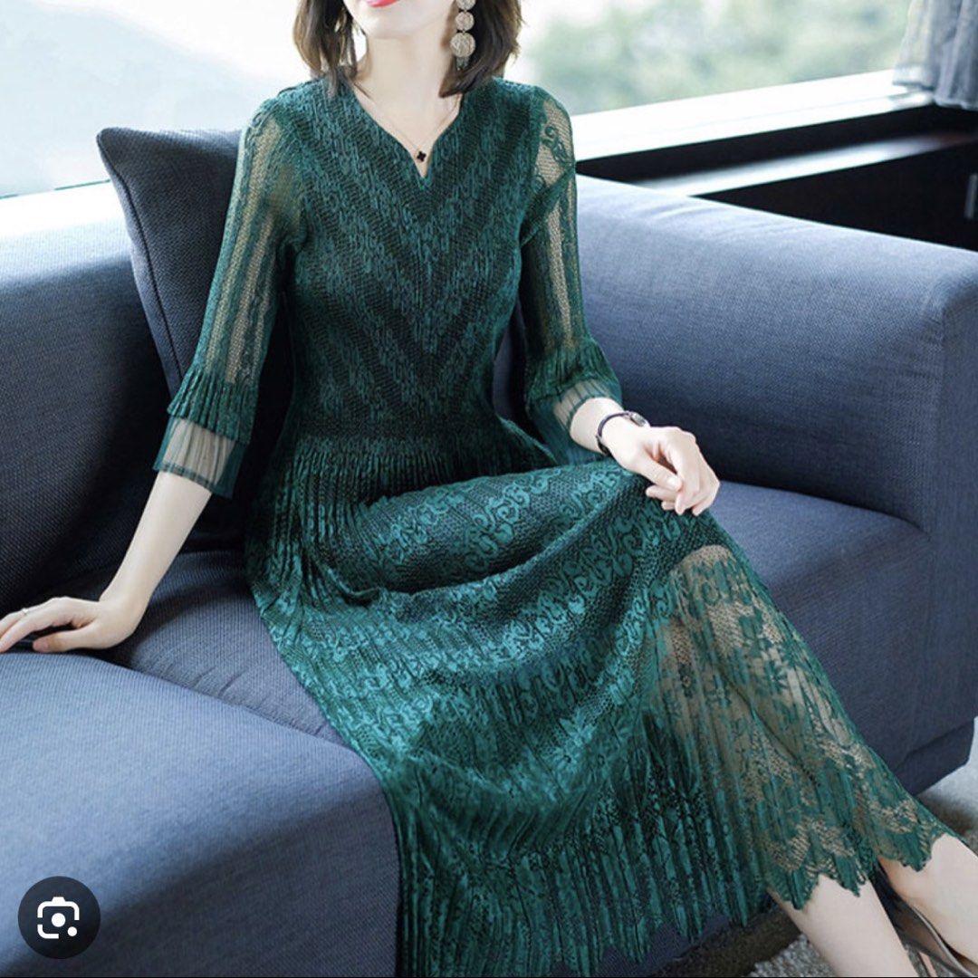 Sheer dark green patterned pleated lace dress (Category: Dresses) located in Taguig. Submitted by annebydesign (Listing ID 1465695793, Image 1). Description: Hi all. Selling this Sheer dark green patterned pleated lace dress for ₱500- super stretchy •Like new. Bought in IG •Fits small to medium •With inner lining. Intricate pleated lace •All parts of the dress. Arm- waist- chest all stretches Loc: Taguig BGC Mop: GCash/ Bank transfer/ COD Mod: Co