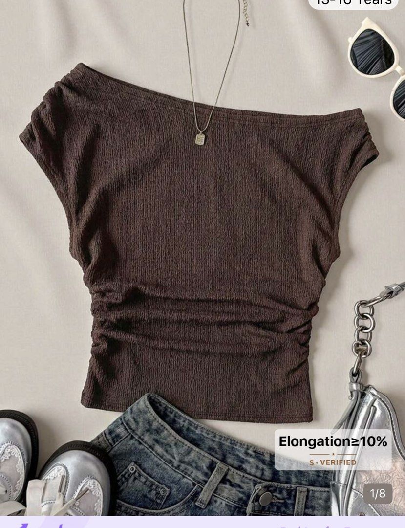 SHEIN Brown Off Shoulder Top (Category: Sleeveless) located in Quezon City. Submitted by mkl.p (Listing ID 1465711352, Image 1). Description: - got this for teens 16Y - kaya until M size adults - pm for when worn - no flaws and never been used loc timog qc.