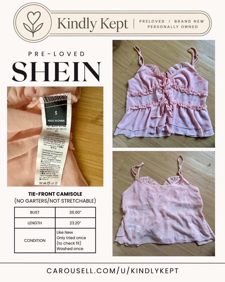 SHEIN Pink Tie-Front Camisole (Category: Sleeveless) located in Angeles City. Submitted by kindlykept (Listing ID 1465670835, Image 1). Description: Brand: Shein Item: Pink Tie-Front Camisole Size: Small Condition: Like New (worn once to check fit then washed once) Perfect for petite body.