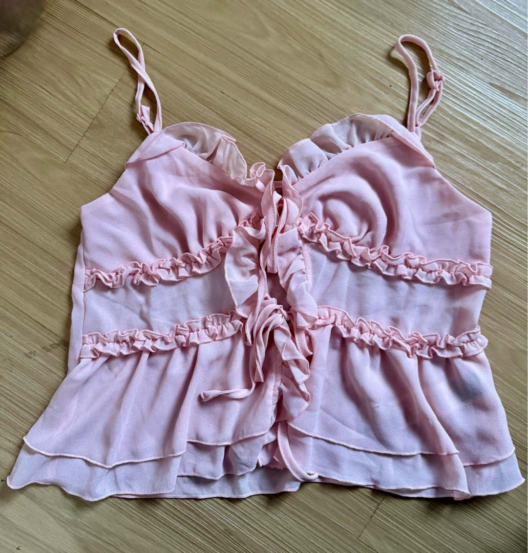 SHEIN Pink Tie-Front Camisole (Category: Sleeveless) located in Angeles City. Submitted by kindlykept (Listing ID 1465670835, Image 2). Description: Brand: Shein Item: Pink Tie-Front Camisole Size: Small Condition: Like New (worn once to check fit then washed once) Perfect for petite body.