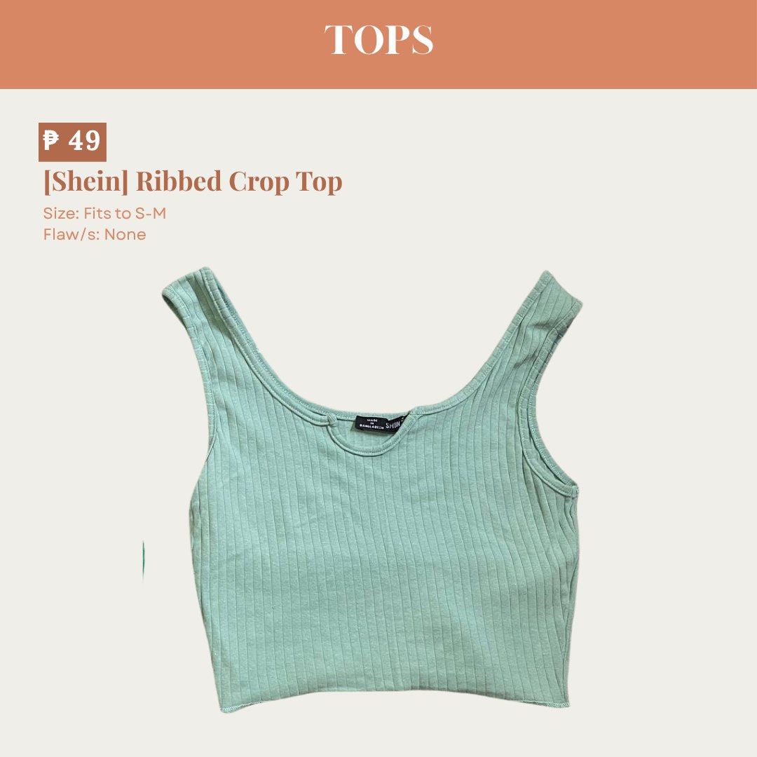 Shein Ribbed Crop Top Mint Green S-M (Category: Sleeveless) located in Manila. Submitted by preloveddorangecloset (Listing ID 1465636406, Image 1). Description: - Brand: Shein - Color: Mint green - Style: Ribbed crop top with scoop neckline & sleeveless design - Fit: Stretchy fabric, best fits small to medium frames - Condition: Excellent, no flaws spotted - Perfect basic piece for warm weather.
