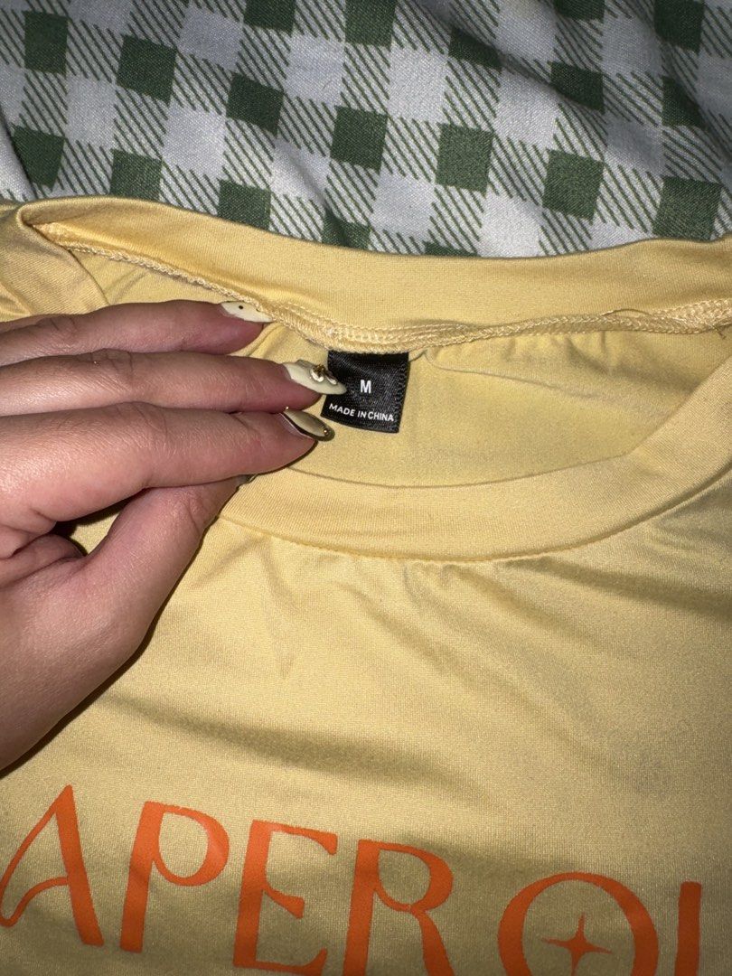 SHEIN Yellow Aperol Spritz Shirt (Category: Blouses) located in Quezon City. Submitted by mkl.p (Listing ID 1465706333, Image 3). Description: - M on tag - no flaws - good as new; used once lang - semi crop - pm for when worn loc timog qc.