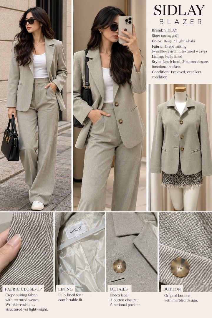 SIDLAY blazer taupe beige (Category: Coats, Jackets and Outerwear) located in Taguig. Submitted by vm.co (Listing ID 1465715766, Image 2). Description: WRINKLE-RESISTANT CREPE SUITING FABRIC Smooth, lightweight woven fabric with a subtle crepe texture. Structured enough for a blazer but comfortable and easy to wear. Not prone to wrinkles..