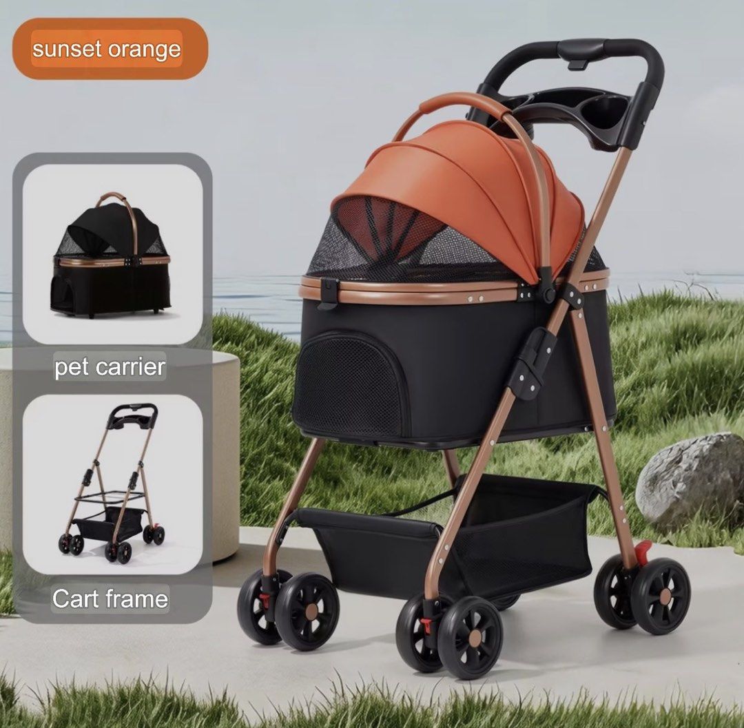 Single pet stroller aluminum frame (Category: Homes & Other Pet Accessories) located in Las Pinas. Submitted by md.emand (Listing ID 1465702782, Image 2). Description: Detachable basket, aluminum frame Pick up in pasig Max weight 15kg Available in black/orange and all black .