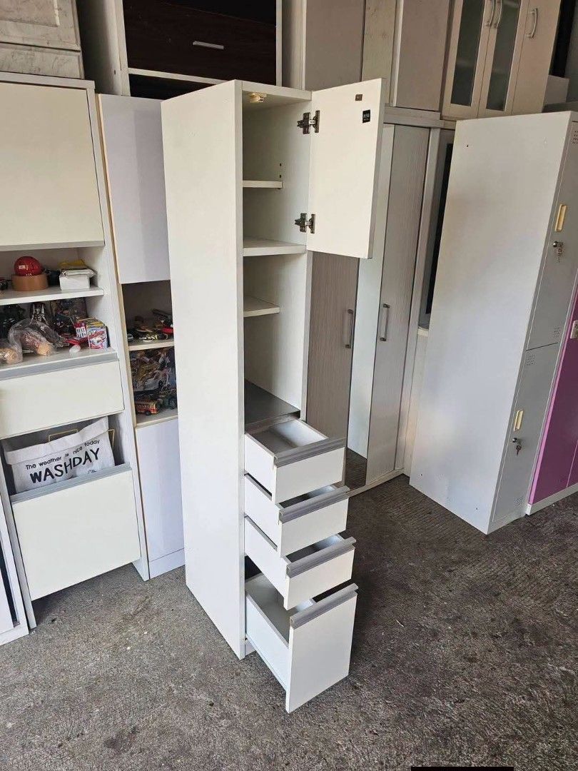 Slim Cabinet (Category: Shelves, Cabinets & Racks) located in Meycauayan. Submitted by marygracecasimiro (Listing ID 1465671379, Image 2). Description: Slim Cabinet‼️₱8,000‼️ 👉Space Saver! 😘🥰🤩 ✔L-9.5 H-69 W-18 inches 📏 ✔1 Door and 4 Drawers 🗄 ✔️Compress and Mdf Back! 🪵 ✔Scratches As-is! 👌🩷💙.